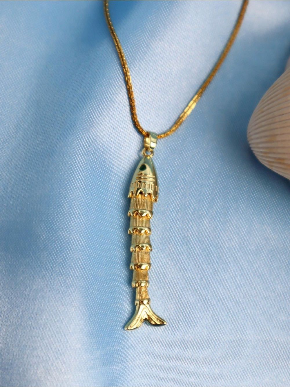 Gold Fish Bone Pendant Necklace Moveable